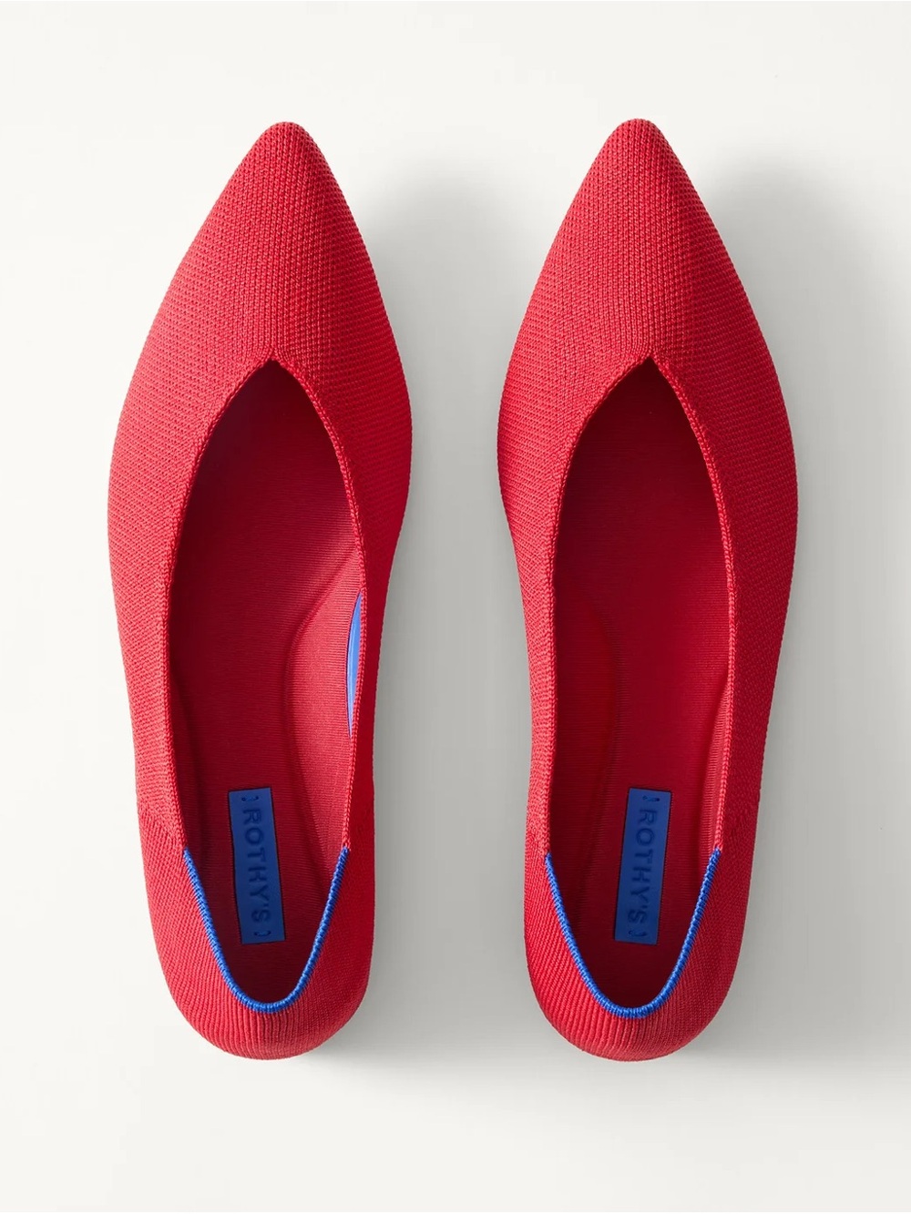 Rothy's Red Pointed-Toe Knit Flats with Blue Trim
